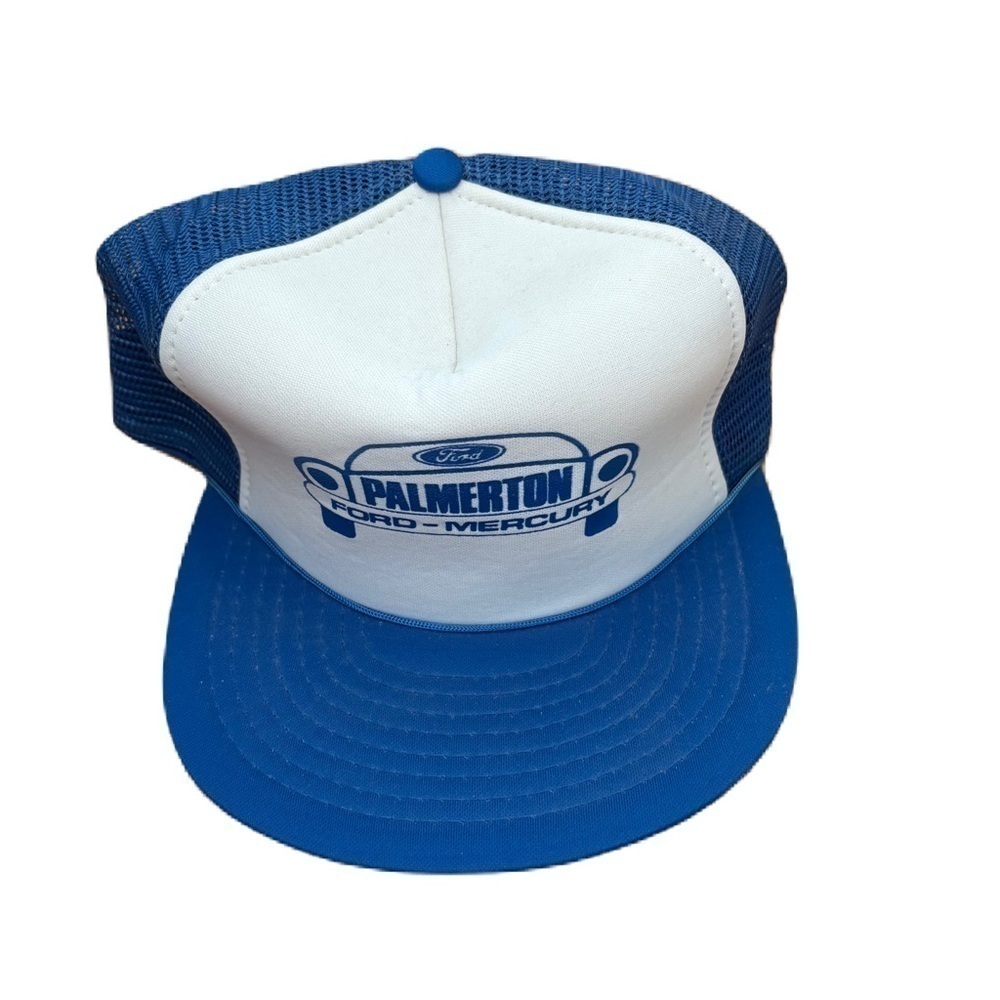 Vintage Palmerton Ford Mercury Mesh Snap Back Trucker Hat Blue White Puffy